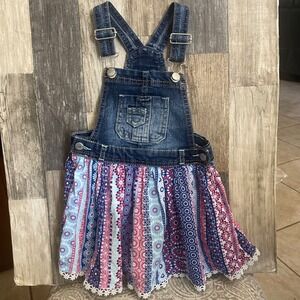 Jordache Kids Denim Overalls Dress Boho Patchwork Print Girls Size 3T